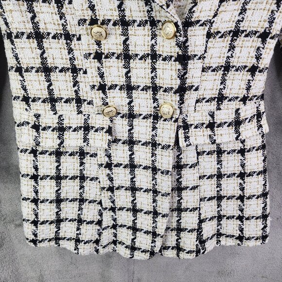 Womens Shein Black White & Gold Checkered Tweed Blazer Jacket Double Breasted L - Picture 3 of 11